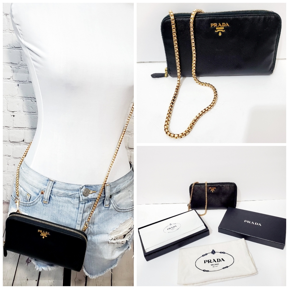 PRADA Auth saffiano black gold wallet on chain
